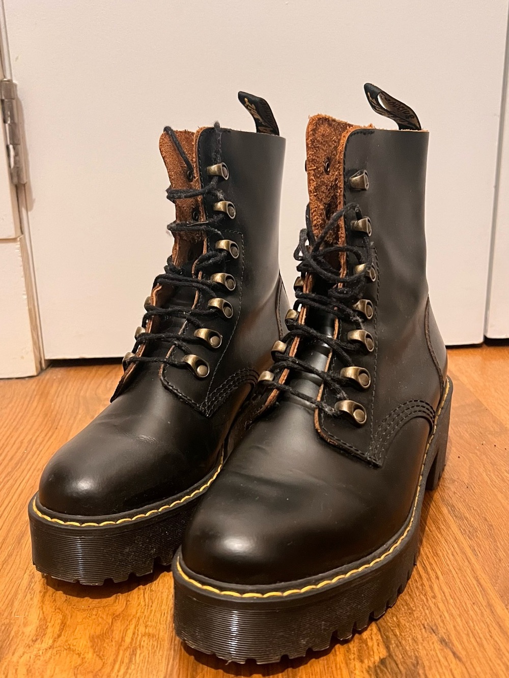 Dr. Martens Black Lace-Up Platform Boots with Yellow Stitching